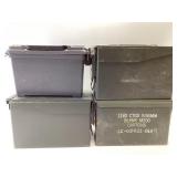 3 METAL AMMUNITION CANS AND ONE PLASTIC AMMO BOX