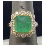 14KT 2-TONE GOLD EMERALD & DIAMOND RING, SIZE