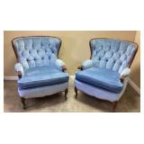 PAIR BLUE VELOUR WINGBACK CHAIRS