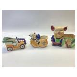 TWO VINTAGE OCCUPIED JAPAN PIG PLANTERS AND CAR