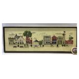 VINTAGE FABRIC NEEDLEPOINT TOWN FRAMED ARTWORK AND