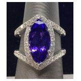 18KT WHITE GOLD TANZANITE & DIAMOND RING, SIZE 6.5