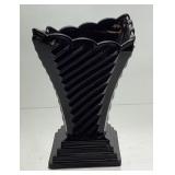 1989 FENTON BLACK GLASS ART DECO VASE, 7in H