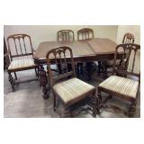 VTG. JACOBEAN STYLE SIX CHAIR DINING SET WITH LEAF