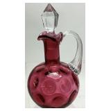 FENTON DOT OPTIC CRANBERRY GLASS CRUET, 7in H