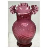 RUFFLED TOP CRANBERRY GLASS VASE, 10in H