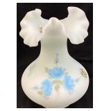 1978-83 FENTON BLUE ROSES ON SATIN BLUE VASE,