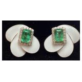14KT YELLOW GOLD EMERALD & DIAMOND EARRINGS,