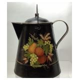 HAND PAINTED TOLEWARE COFFEE POT, SIGNED E.