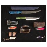 (7) ASSORTED DAMASCUS STEEL KNIVES w LEATHER