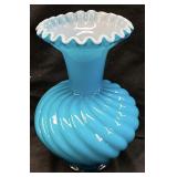 VTG. FENTON JAMESTOWN BLUE OVERLAY SWIRL VASE,