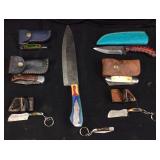 (8) ASSORTED DAMASCUS STEEL KNIVES w LEATHER