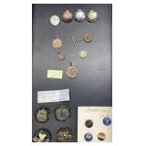 ANTIQUE GERMAN HUNTING AND FISHING PINS, COIN