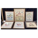 (6) VTG. FRAMED CROSS STITCH NEEDLEPOINT SAMPLERS