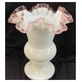 1945 FENTON ROSE CREST MILK GLASS VASE, 6.5in H