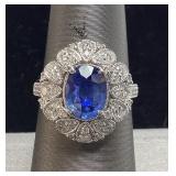 14KT WHITE GOLD SAPPHIRE & DIAMOND RING, SIZE 7,