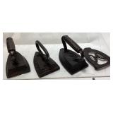 (4) ANTIQUE CAST IRON SAD IRONS & TRIVET, 2 SAD