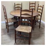 VTG. ROUND DINING TABLE & 5 LADDER BACK CHAIRS,