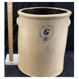 ANTIQUE 6gal SALT GLAZED STONEWARE CROCK, 15in H