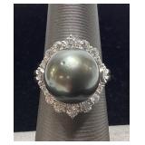14KT WHITE GOLD TAHITIAN PEARL & DIAMOND RING,