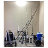 ASSORTED FISHING RODS & REELS, BAIT BUCKET, PIER