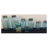 (8) ASSORTED VTG. AQUA BLUE BALL MASON JARS w LIDS