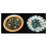 (2) ANTIQUE MAJOLICA PLATES, LEAF BLOSSOM & FRUIT