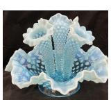 VTG. FENTON BLUE OPALESCENT HOBNAIL 3-HORN EPERGNE