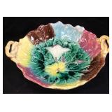 ANTIQUE MAJOLICA FOOTED SERVING DISH WITH M