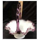 LTD. FENTON PLUM CREST HAND PAINTED GLASS BASKET,
