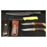 (3) VTG. BUCK, SCHRADE POCKETKNIVES WITH LEATHER