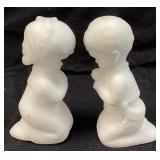 1972 FENTON WHITE SATIN GLASS PRAYING GIRL & BOY