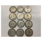 12) 80 PERCENT SILVER CANADIAN 25 CENT COINS