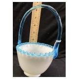1960s FENTON AQUA CREST MILK GLASS BASKET w AQUA