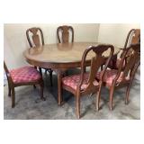 MID CENTURY CHERRY WOOD DINING TABLE WITH 8