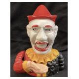 VTG. CAST IRON MECHANICAL CLOWN BANK, 7in H