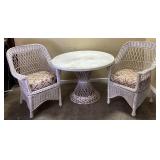 RUSSEL WOODARD STYLE PATIO TABLE & 2 WICKER CHAIRS