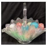 L.E. SMITH GLASS BASKET OF DECORATIVE EGGS