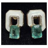 14KT YELLOW GOLD EMERALD & DIAMOND EARRINGS,