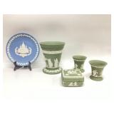 WEDGWOOD JASPERWARE SAGE GREEN AND WHITE VASES