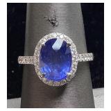 PLATINUM SAPPHIRE & DIAMOND RING, SIZE 6.5,