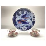 JAPANESE SUN CERAMICS BLUE AND WHITE KOI FISH