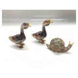 PAIR OF MINIATURE CLOISONNï¿½ DUCKS AND GOLD TONED