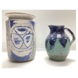 BLUE AND GREEN GLAZE PITCHER SIGNED C.J EMERSON