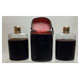 VTG. LEATHER TRAVELING GLASS FLASK SET