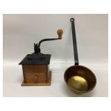 ANTIQUE CAST IRON COFFEE GRINDER, BRASS LADLE