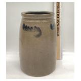 19TH CENTURY SALT GLAZED STONEWARE CROCK HAND