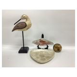 4pc TRINKET LOT, ALABASTER OWL, SAND PIPER,