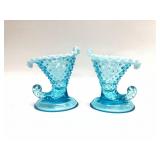 2 FENTON BLUE OPALESCENT HOBNAIL CORNUCOPIA