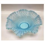 FENTON BLUE OPALESCENT HOBNAIL RUFFLED BOWL